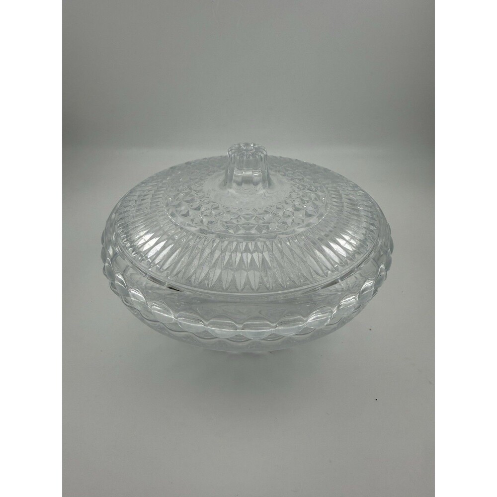 Clear Crystal Glass Covered Candy Dish Pedestal Bowl Wexford Hocking Diamond 5.5
